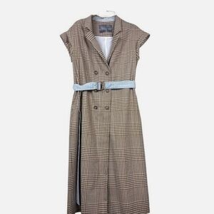 Lela Rose Wool Brown Plaid Midi Dress with Blue Belt